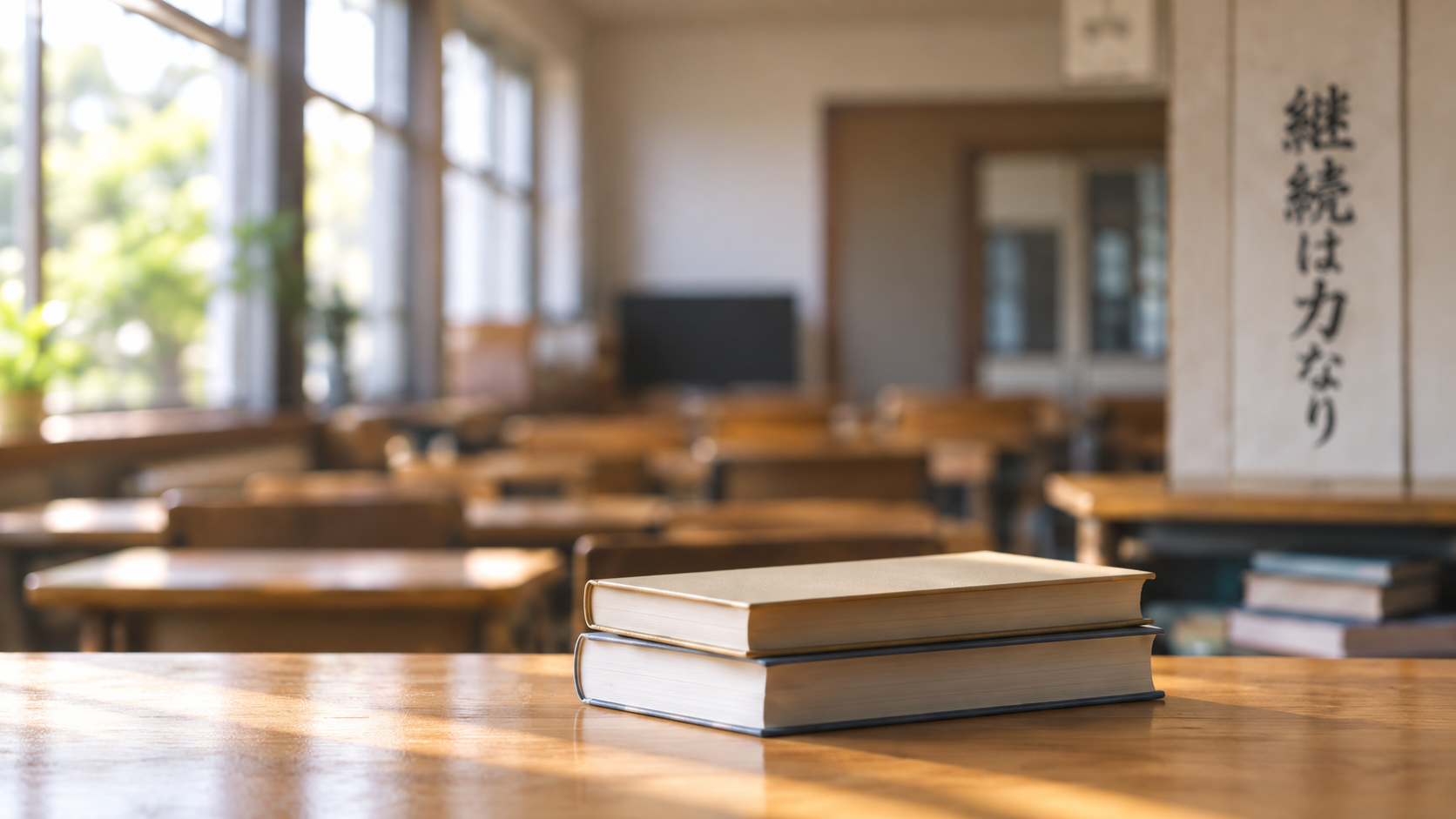 机の上に教材が置かれた、光の入る学而館の教室イメージ